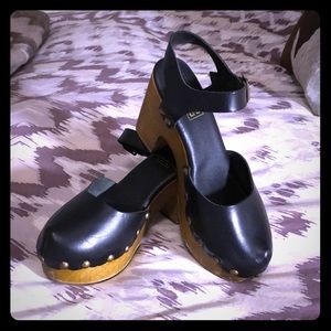 Leather and wood black studded ankle strap clogs